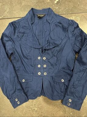 White House Black Market Navy Blue Ruffled Button Blazer